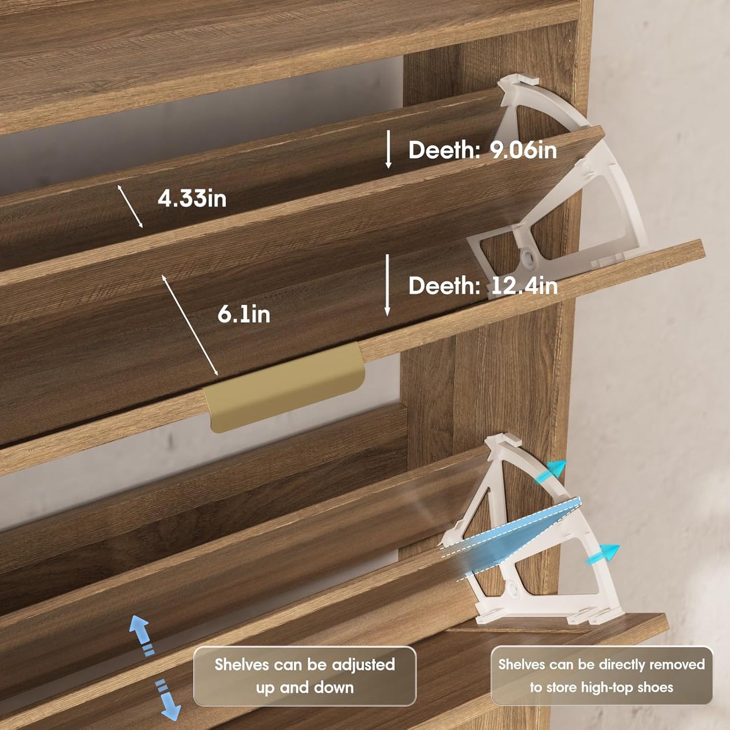 Maupvit Shoe Storage Cabinet with 3 Rattan Flip Drawers, Freestanding Organizer with Metal Legs for Entryway, Narrow Shoe Rack Cabinet, Hidden Golden Handles, Rustic Oak Rattan