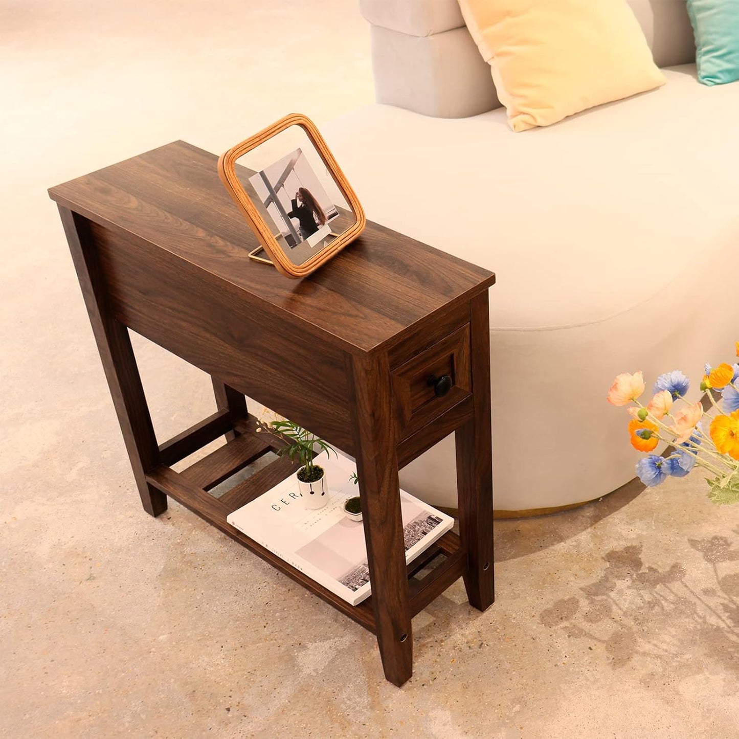 2 Pack Chairside Narrow End Table with Drawer, Solid Recliner Side Table with Storage Shelf, Slim Nightstand Bedside Table for Bedroom