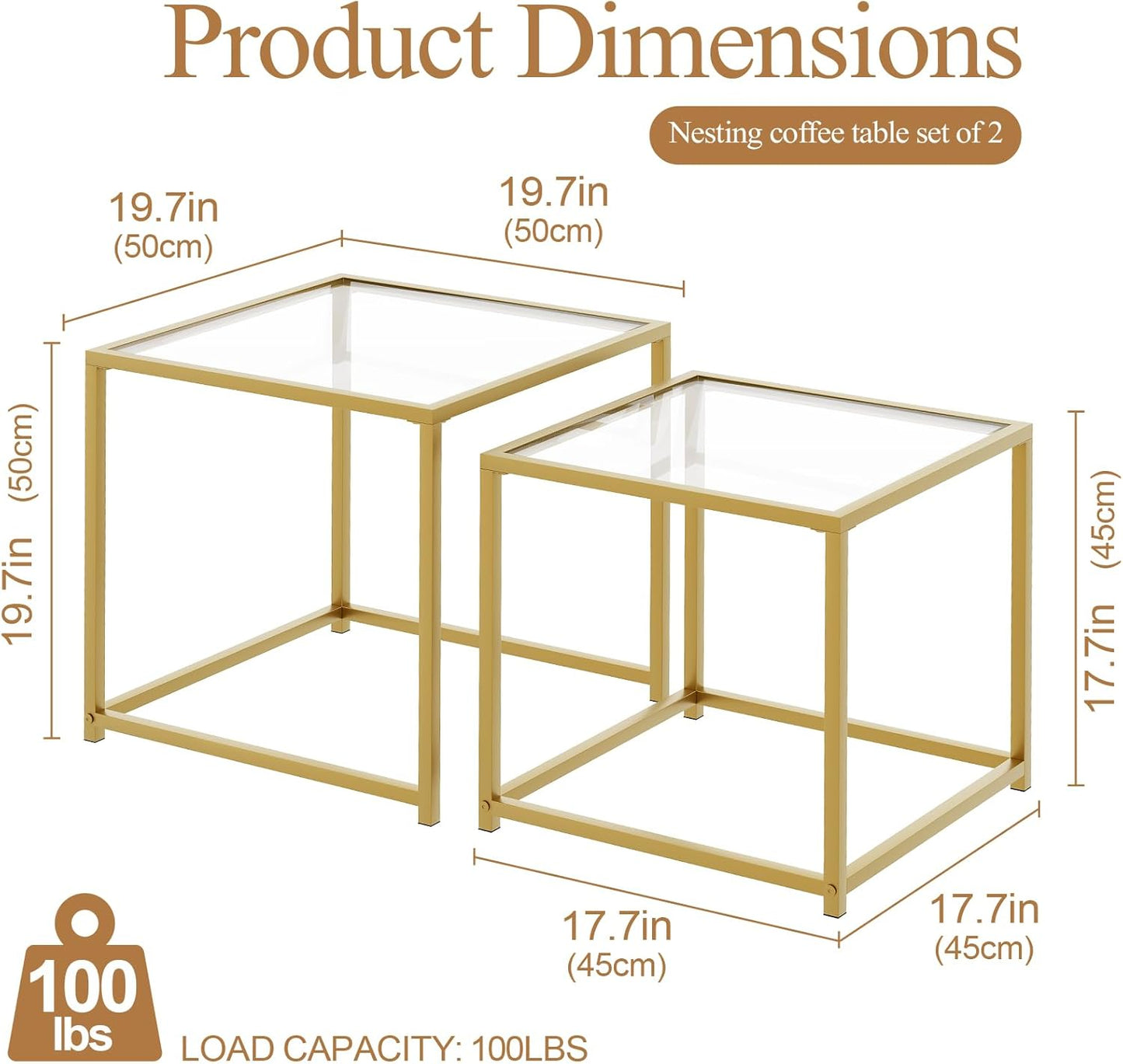 Garden 4 you Coffee Table Set of 2, Modern Glass Nesting Table, Metal Frame Square Center Table Set, Side Tables, Nesting Coffee Table for Living Room, Bedroom and Small Spaces, 19.7in Gold