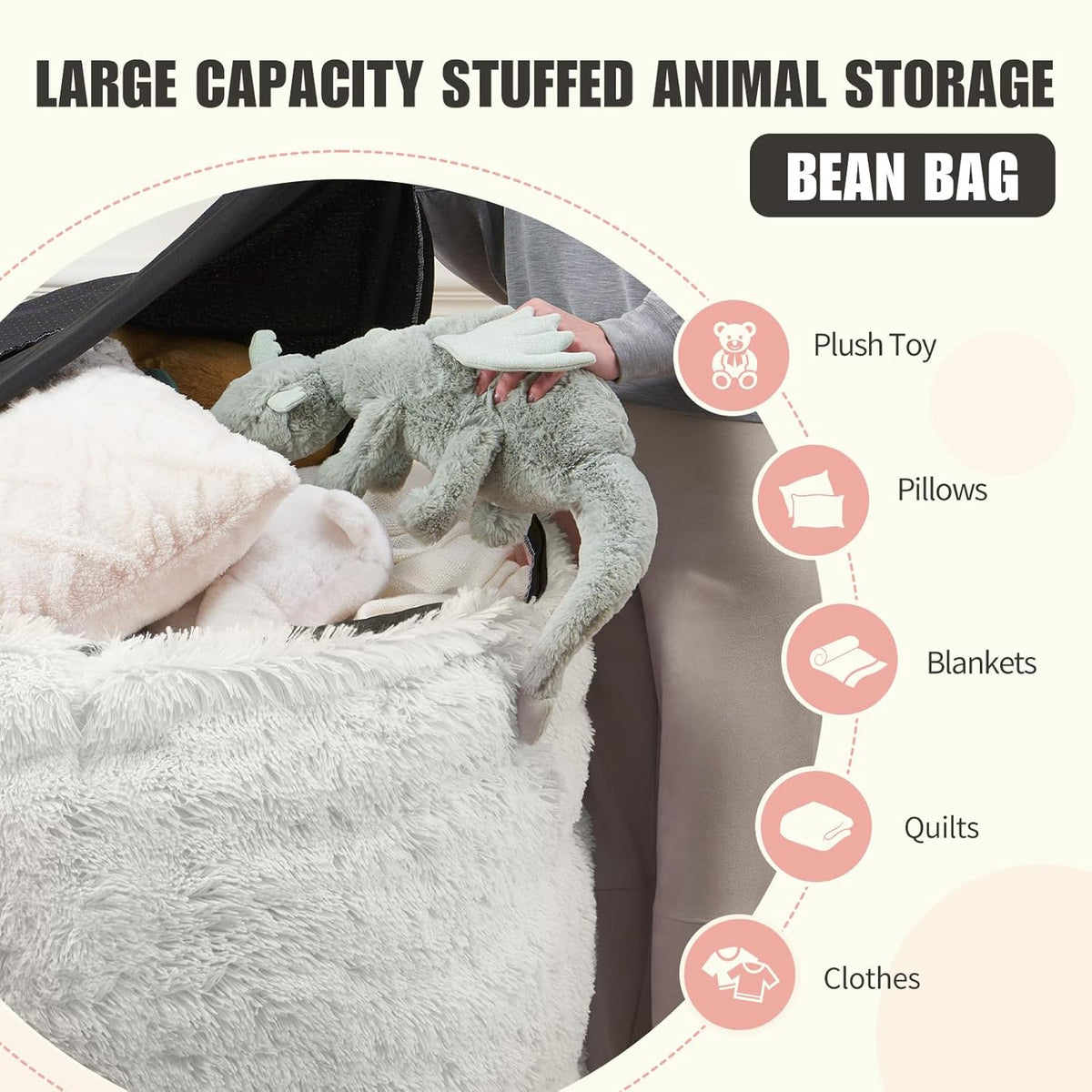 7FT Oversized Bean Bag Covers Only, Fluffy Stuffed Beanbag Chair Covers No Filler, Washable Bean Bags Cover for Adults, Stuffed Animal Bean Bag Anti-Slip, White