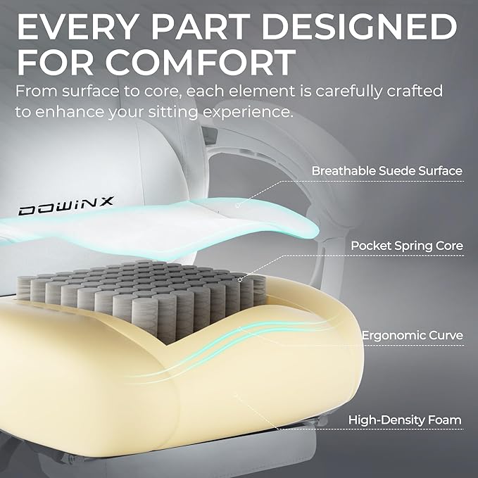 Dowinx Big and Tall Gaming Chair, Suede Fabric Game Chair with Pocket Spring Cushion, High Back Gamer Chair Ergonomic with Footrest for Adults Office, 440LBS, White