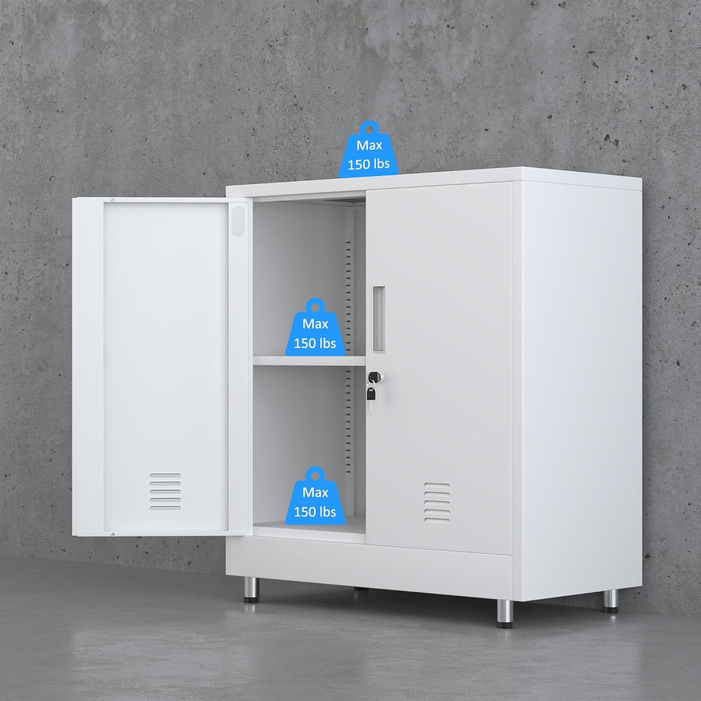 Metal Storage Cabinet with Locking Doors and Adjustable Shelf, Small Lockable Sideboard Buffet Cabinet for Home Office Hallway Entryway Living Dining Room (White)