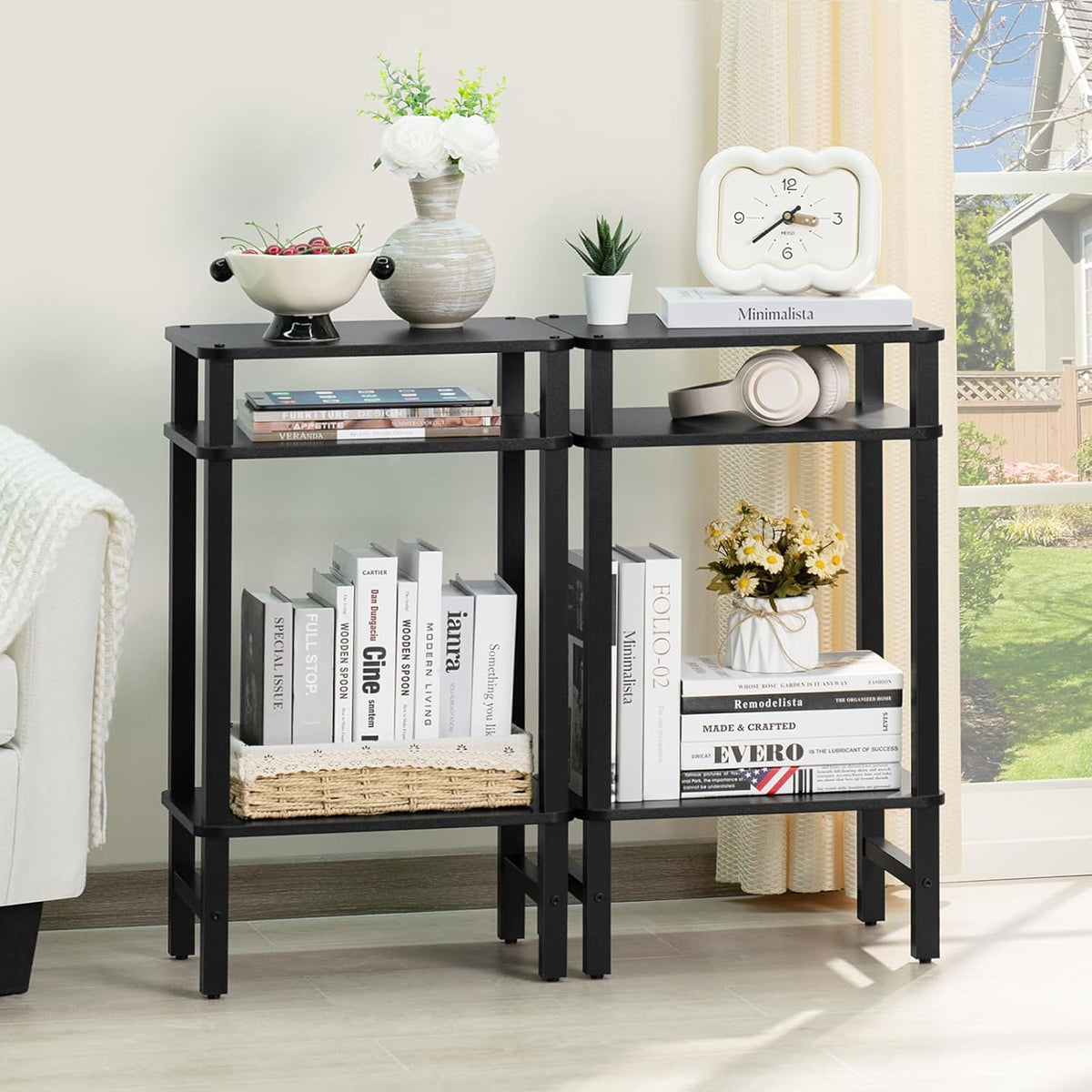 28in Tall Side Table 3-Tier Small Narrow End Table for Couch, Skinny Nightstand for Small Space, Farmhouse Slim Night Stand with Storage, Wooden Frame Thin Bedside Table, for Living Room, Black