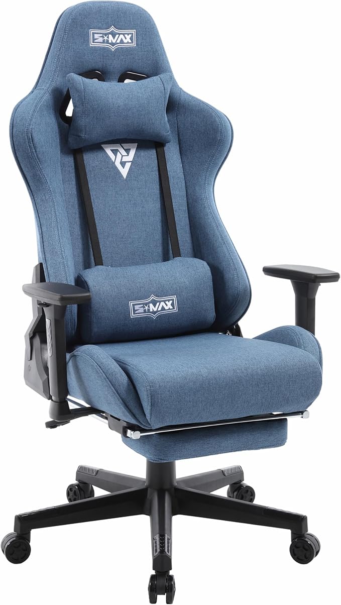S*MAX Gaming Chair with Footrest Thicken Seat Black Gaming Chairs with 3D Armrest Gamer Chairs PU Leather Headrest and Lumbar Support High Back Gaming Chairs for Adults Deep Jeans Blue