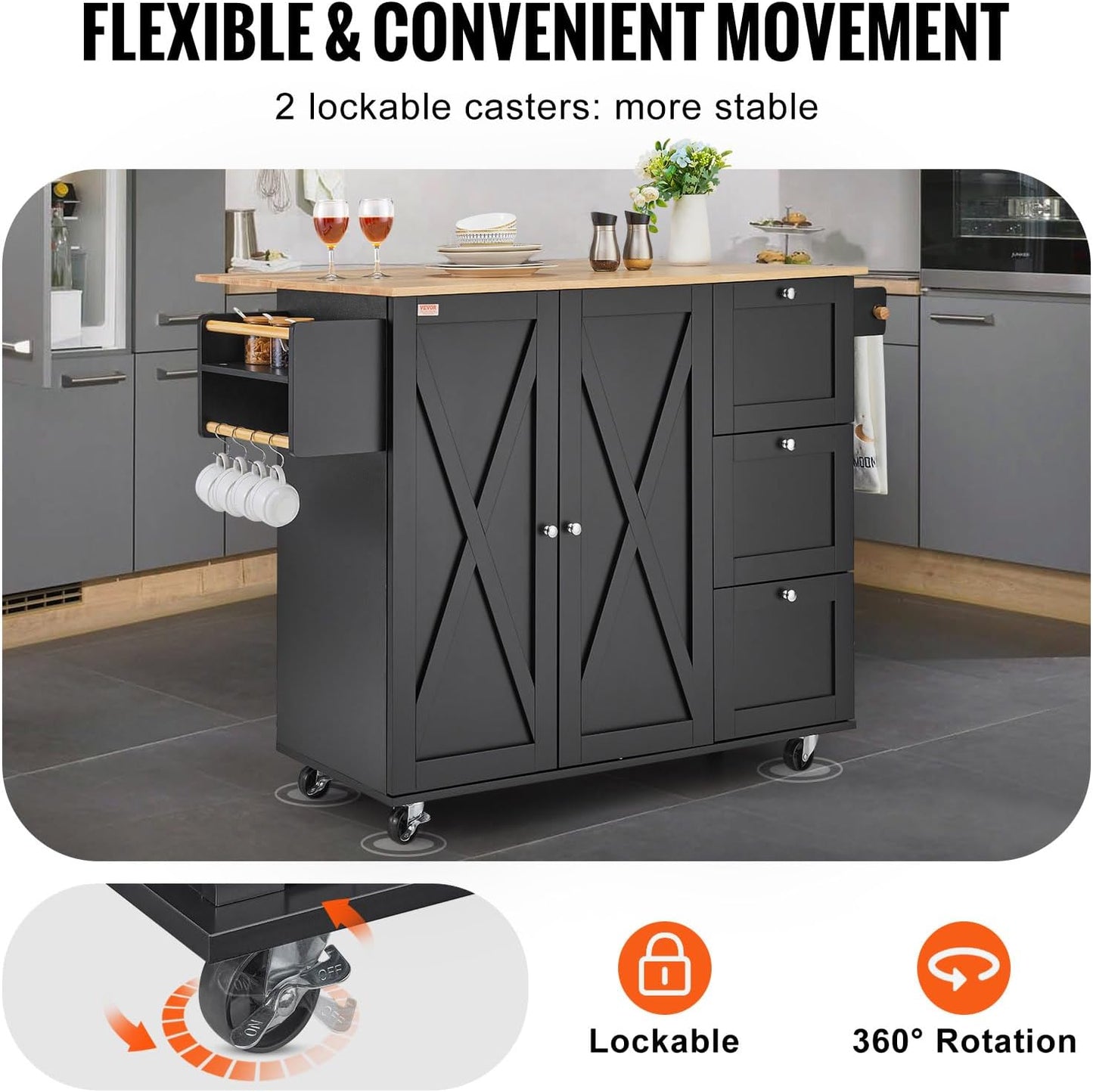 VEVOR Kitchen Island Cart, Rolling Table with Drop Leaf, Spice Rack, Towel Bar, Adjustable Shelf, Drawer, and Hooks, Mobile Island on Wheels, Mobile Carts with Storage Cabinet, 45.3" Wood Top, Black