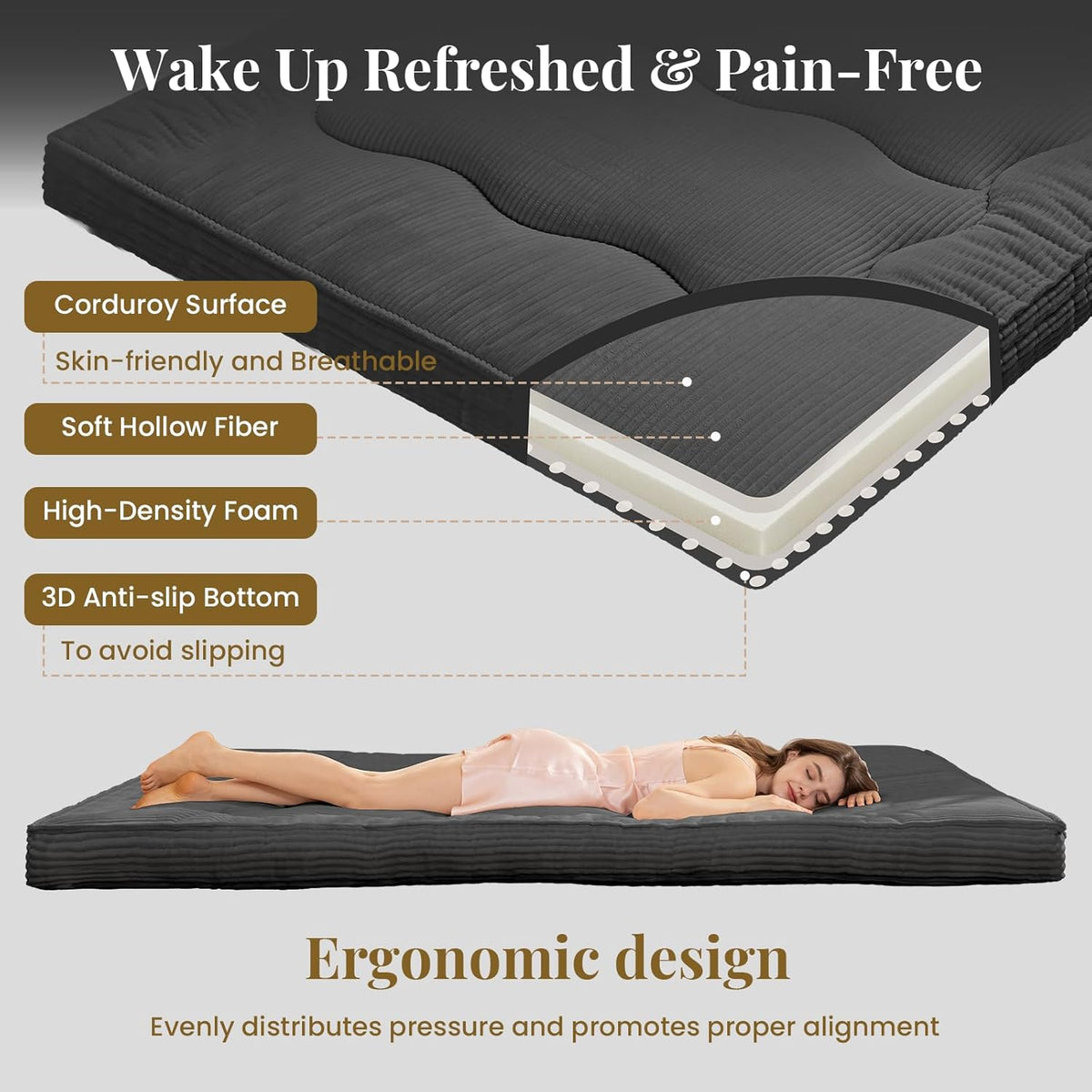 Japanese Floor Mattress, 4" Thicken Futon Mattress Queen Size Sleeping Pad, Corduroy Foldable Floor Pad, Roll Up Tatami Mat for Adults Guest Room Bedroom, Grey