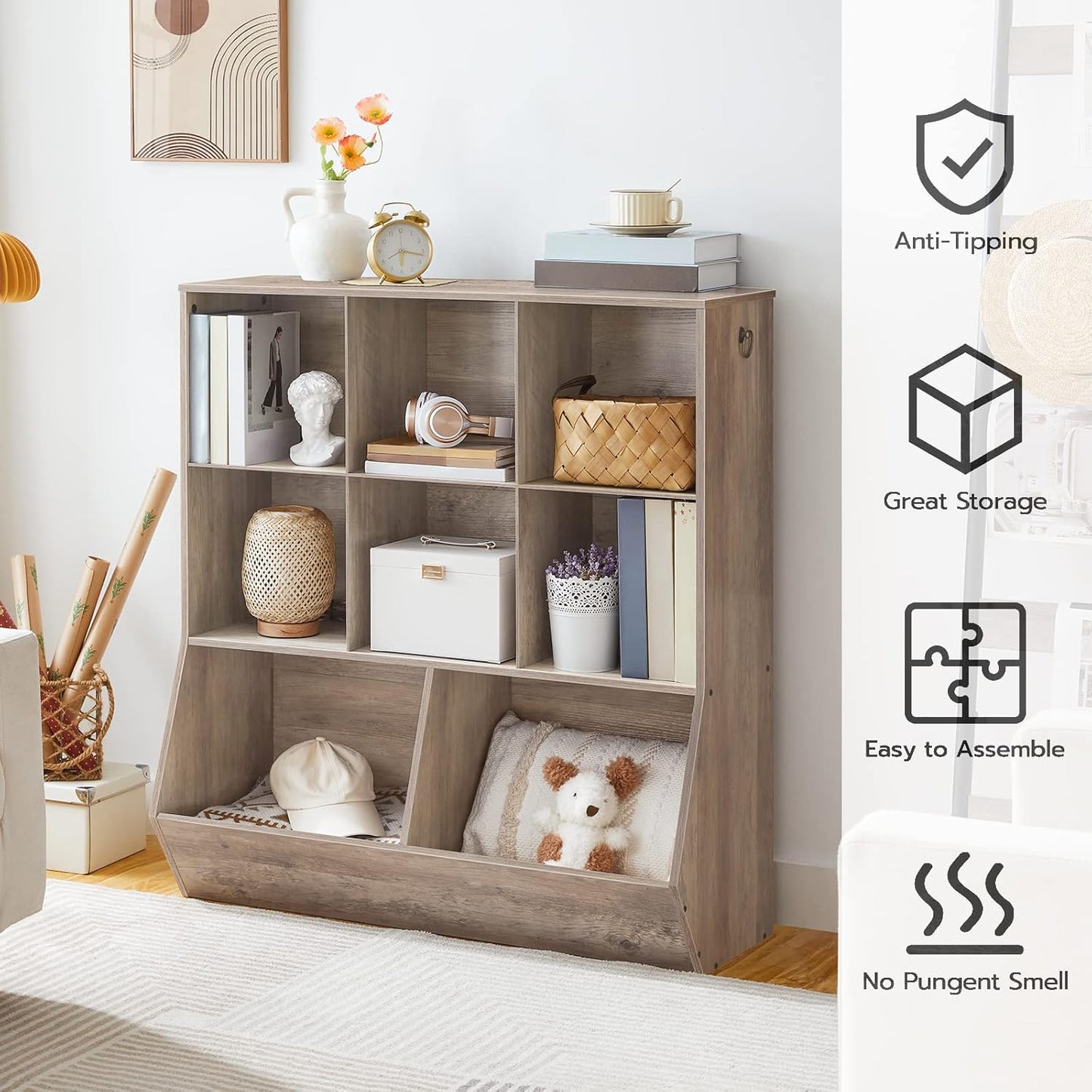 HOOBRO Kids Bookshelf, Toy Storage Cabinet, Kids Toy Organizer, 8 Cubicles, Bookcase Footboard, Bookshelf for Kids, for Playroom, Bedroom, Nursery, School, Greige BG35CW01G1