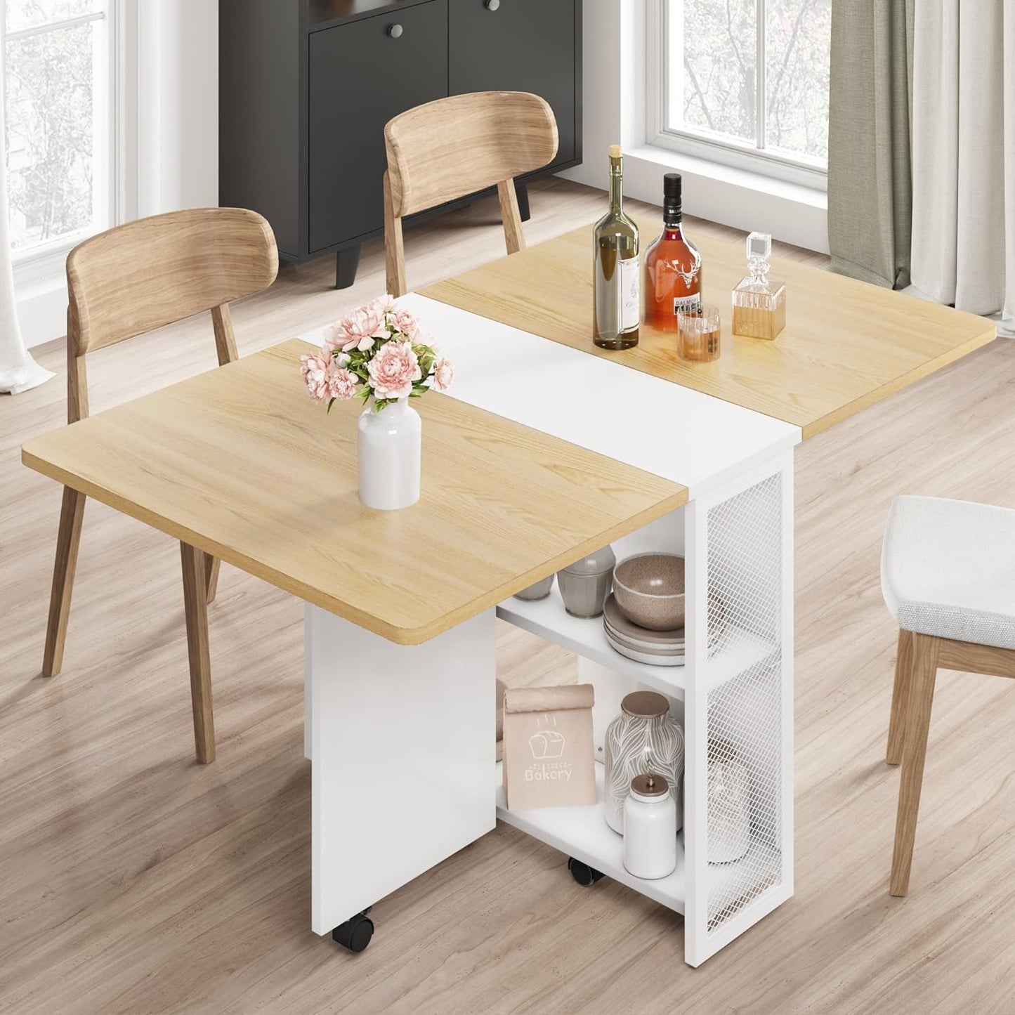 GarveeHome Folding Dining Table, Space Saving Farmhouse Dining Table for 4 Storage Shelf, 6 Wheels Multipose Expandable Kitchen Drop Leaf Table for Small Space (Pear Wood, 50.1"D x 31.4"W x 29.5"H)