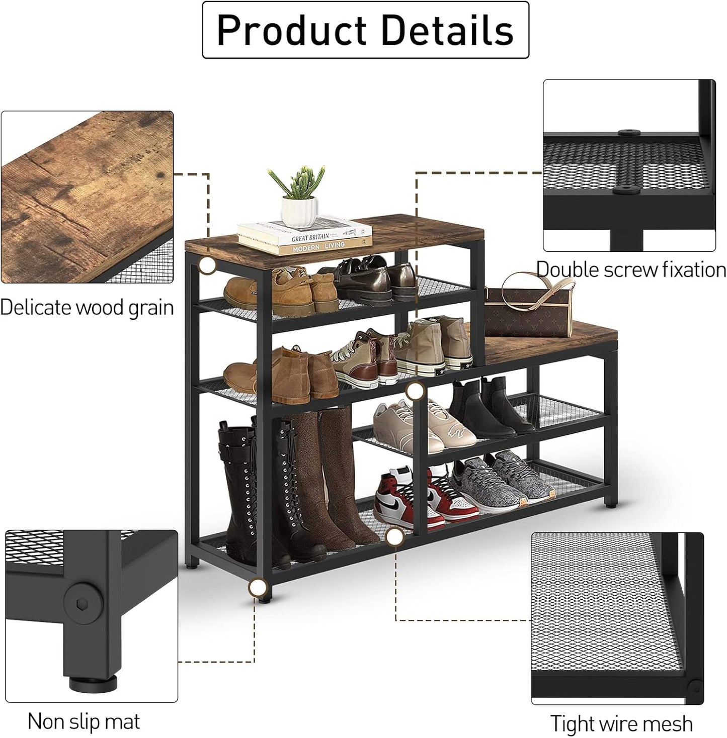 Shoe Rack Bench Shoe Storage Organizer with Seat, 5-Tier Industrial Free Standing Shoe Rack for Entryway, Narrow Shoe Rack Organizer Shelves for High Heels, Entryways, Hallways, Closets,Brown