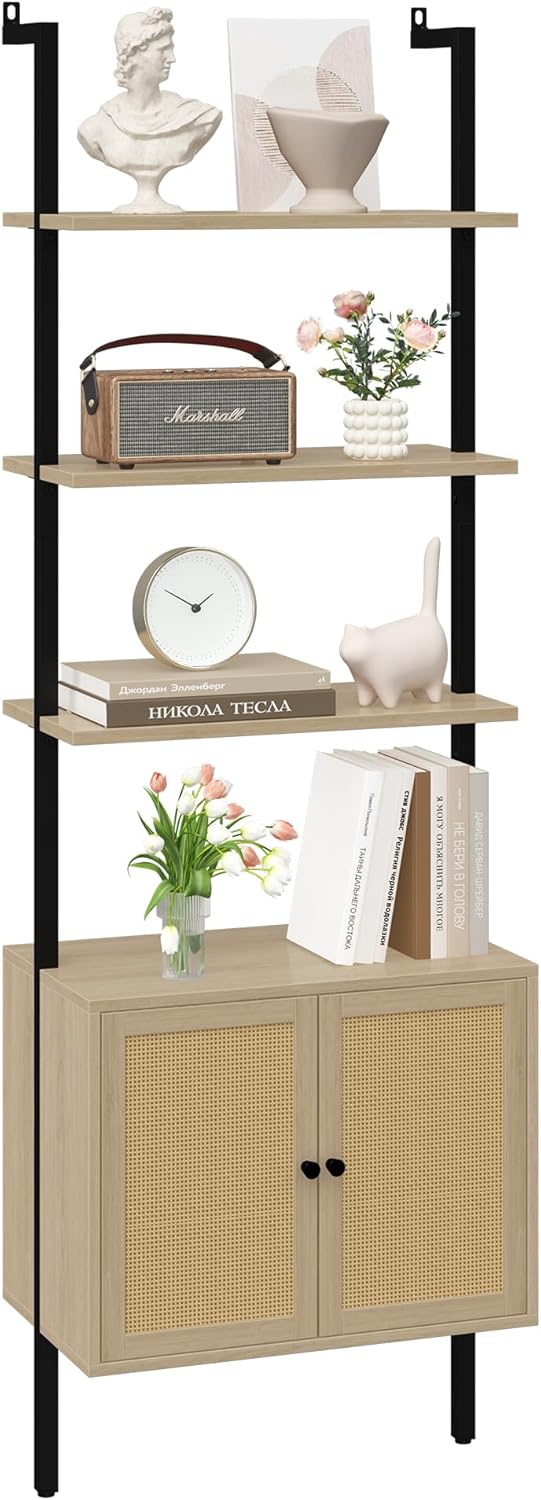 Yusong 73" Tall Bookshelf with Cabinet, Industrial Ladder Wall Mount Shelf Rattan Bookcase with Wood and Metal Frame, Plant Shelf Wall Storage Display for Living Room Bedroom,Light Ivory Brown