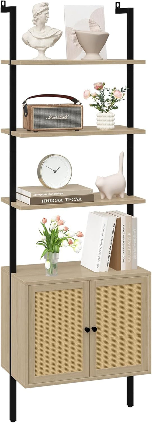 Yusong 73" Tall Bookshelf with Cabinet, Industrial Ladder Wall Mount Shelf Rattan Bookcase with Wood and Metal Frame, Plant Shelf Wall Storage Display for Living Room Bedroom,Light Ivory Brown
