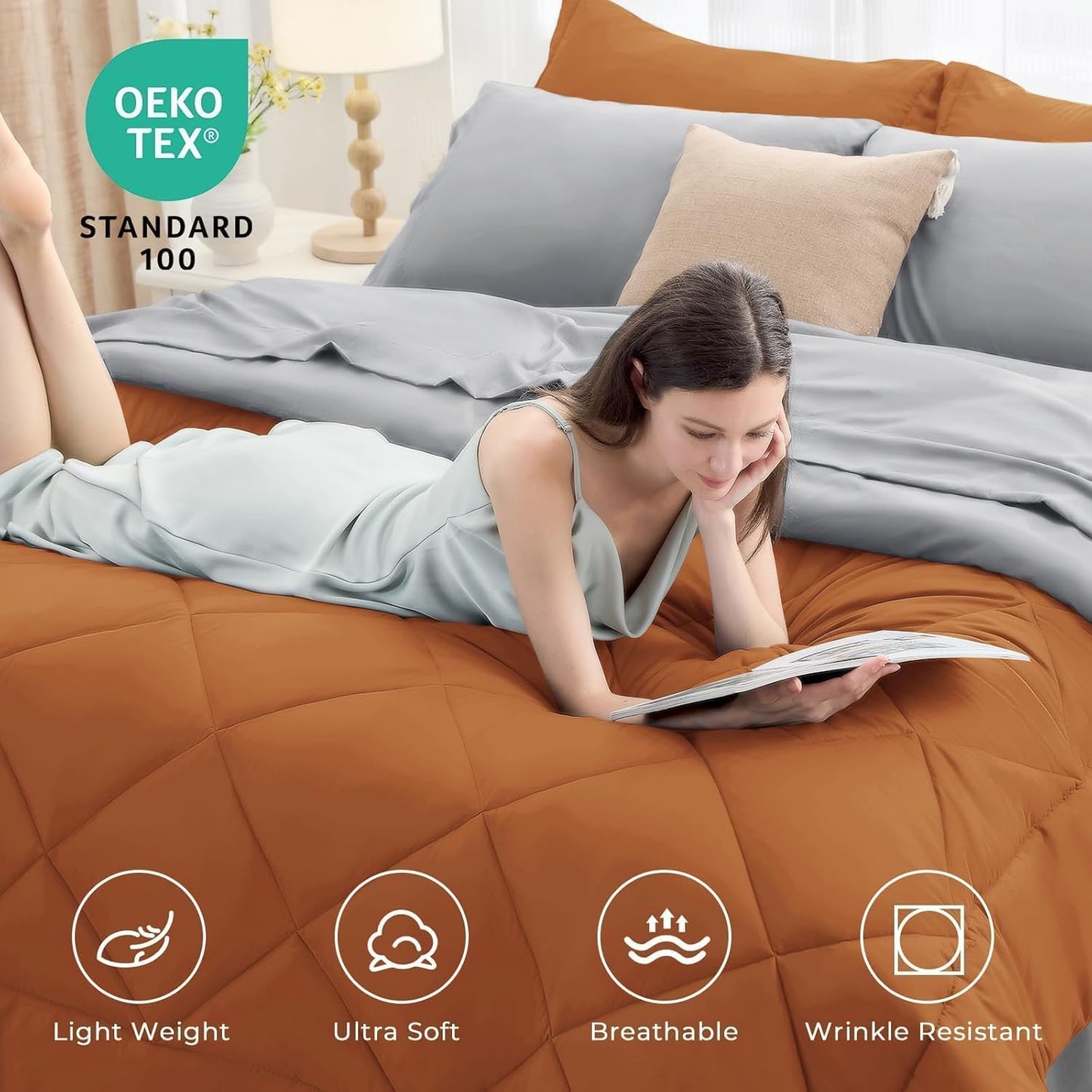 HEVUMYI Cali-King Comforter Set - 7-Piece All Season Bed in a Bag Cali-King, Ultra Soft Bedding Set with Comforter, Flat Sheet, Fitted Sheet, Pillowcases, Pillow Shams, Orange & Light Grey