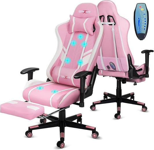 Douxlife Computer Gaming Chair with Footrest, Height Adjustable Game Chair for Adults 360°-Swivel Seat and Headrest and for Office or Gaming, Racing Style Pink and White