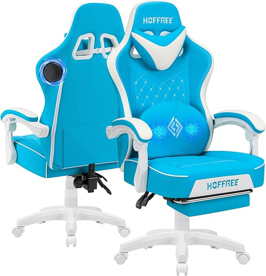HOFFREE Gaming Chair with Speakers Massage Computer Gaming Chair with Pocket Spring Cushion for Adults Reclining Gamer Chair with Bluetooth Video Game Chairs with Footrest Sky Blue and White