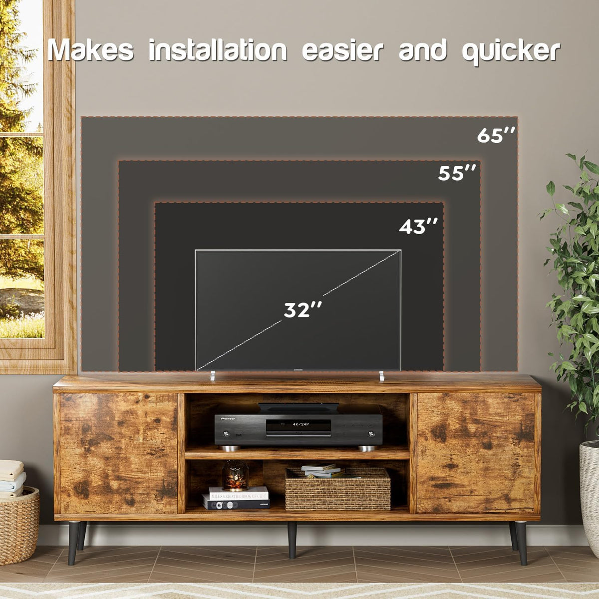 YESHOMY Modern TV Stand for 65" Television, Entertainment Center with Two Storage Cabinets and Open Shelves, Retro Style Media Console for Living Room, Bedroom, Office, 58 Inch, Rustic Brown