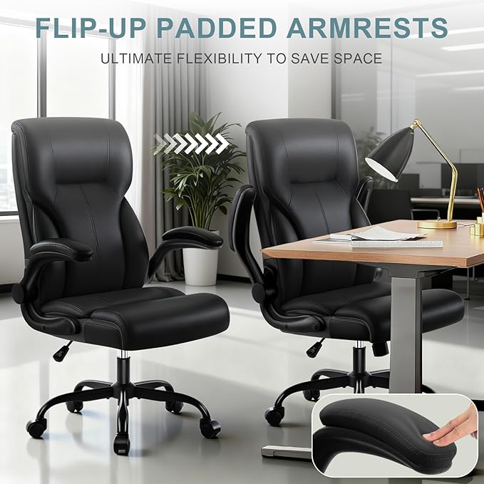 Executive Office Chair, High Back Ergonomic Comfy Desk Chair with Padded Flip-up Armrests and Wheels, PU Leather Heavy Duty Computer Swivel Rolling Task Chair for Home Office, Adults, Black