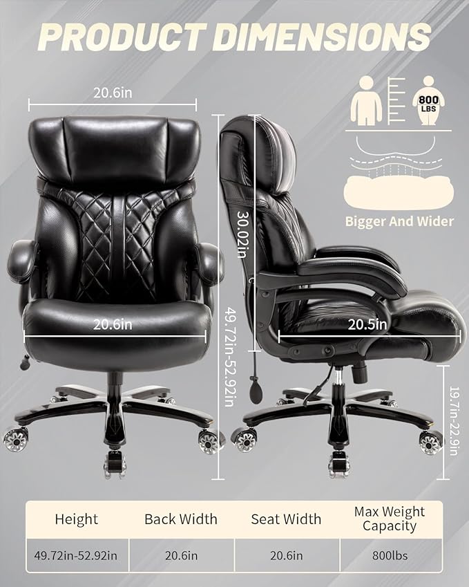800LBS Big and Tall Office Chair for Heavy People, Extra Wide Seat and Adjustable Lumbar, Heavy Duty Executive Chair with High Back, Large Computer Desk Chair Comfortable for Home Office