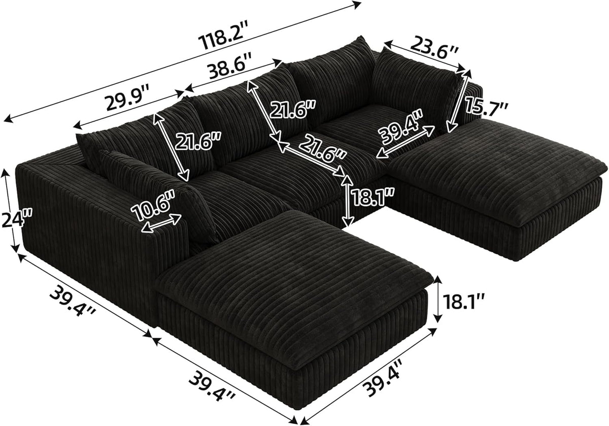 Down Filled Boneless Sectional Sofa Cloud Couch with Movable Ottomans, 118 inch Convertible U Shaped Lounge Couch w/Deep Seat, Fluffy Corduroy Upholstered Compress Modular Sofa