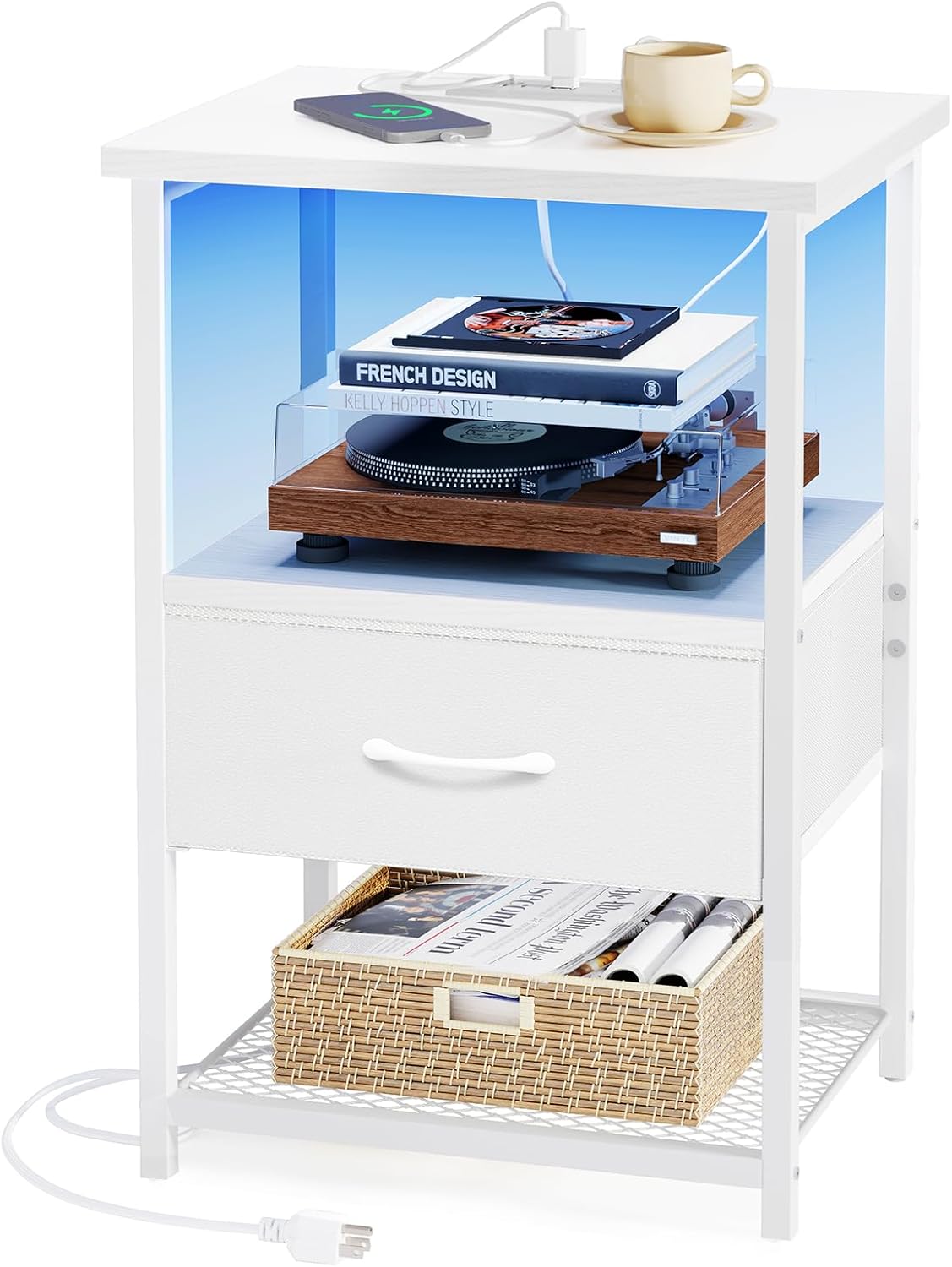 Fixwal Night Stand with Charging Station, LED Nightstand with Fabric Drawers, End Table with PU Finish, Bed Side Table, White