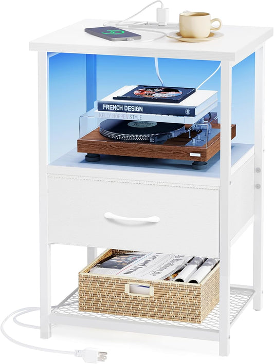 Fixwal Night Stand with Charging Station, LED Nightstand with Fabric Drawers, End Table with PU Finish, Bed Side Table, White