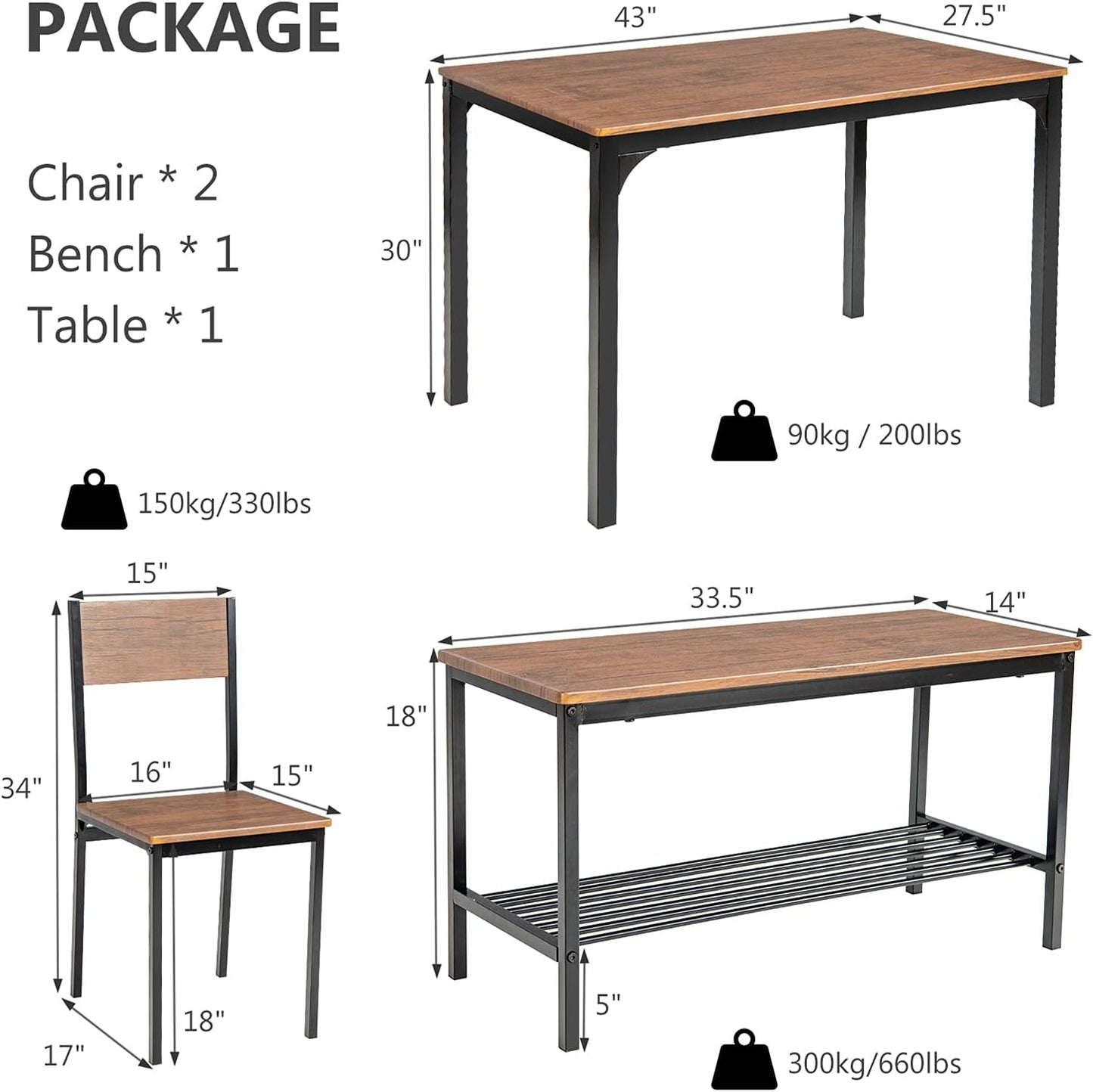 Giantex Dining Table Set for 4, 43" Kitchen Table and Chairs, Dining Bench with Metal Frame & Storage Rack, 4-Piece Modern Functional Desk Set for Dinette, Small Space, Apartment, Restaurant, Brown