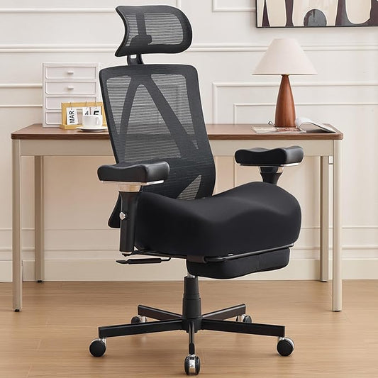 Office Chair 500lbs, Ergonomic Desk Chair with W Thick Cushion & 4D Armrest, Executive Mesh Desk Chair with Adjustable Lumbar, 2D Headrest, Footrest, Swivel Task Chairs for Home Office Gaming, Black