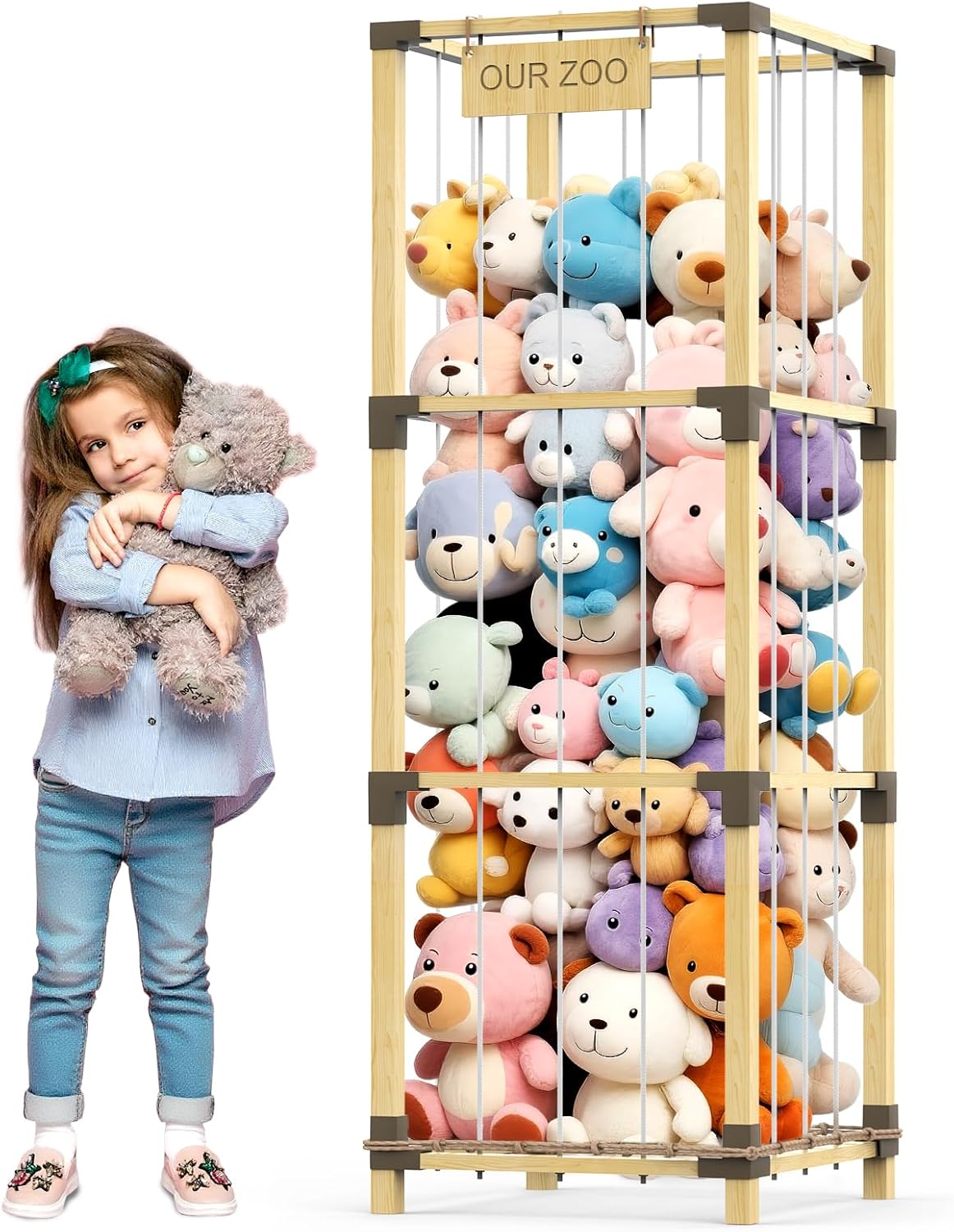 200L Stuffed Animal Zoo Storage, 3-Tier Extra Large Stuffed Animal Holder, Solid Bamboo Plushies Storage Tower with Mesh Pocket and Elastic Cords, Space Saver for Nursery Playroom Bedroom