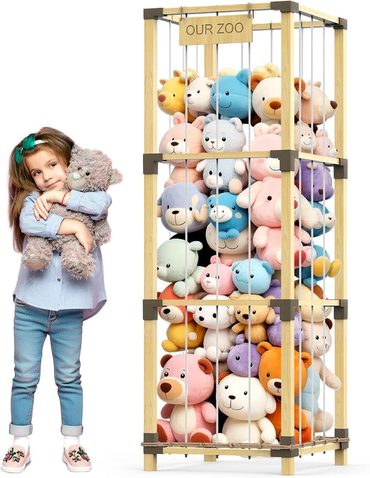 200L Stuffed Animal Zoo Storage, 3-Tier Extra Large Stuffed Animal Holder, Solid Bamboo Plushies Storage Tower with Mesh Pocket and Elastic Cords, Space Saver for Nursery Playroom Bedroom