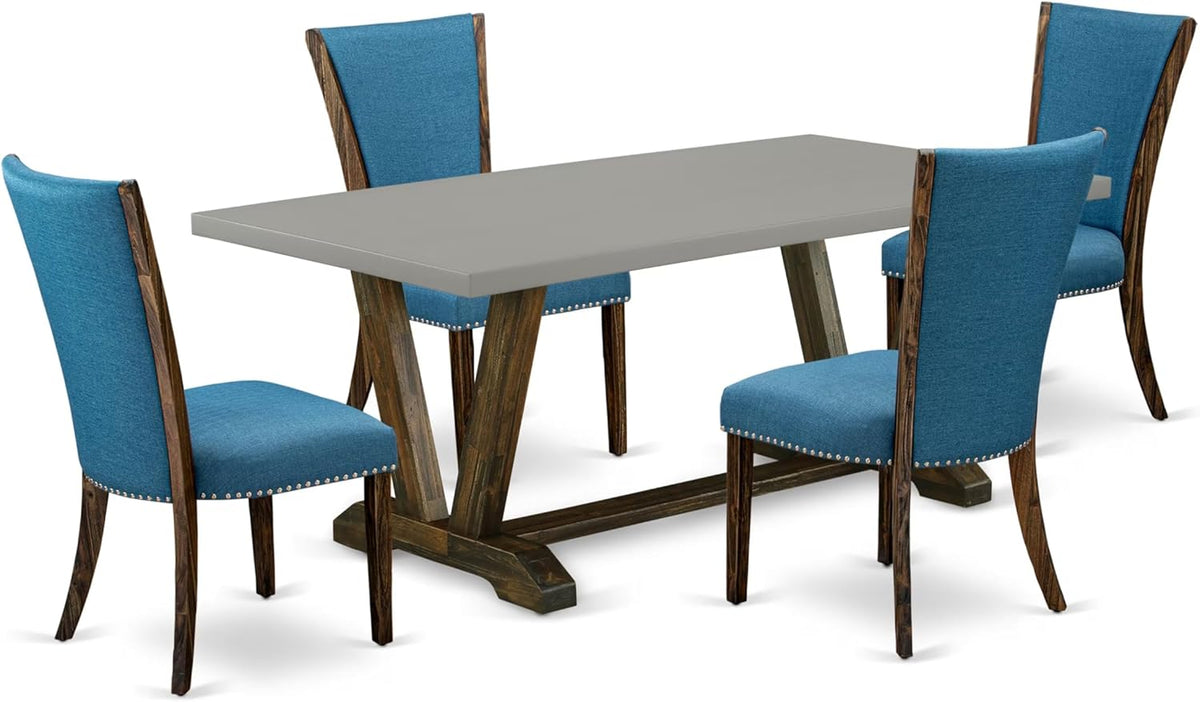 East West Furniture V797VE721-5 5 Piece Dining Room Table Set Includes a Rectangle Kitchen Table with V-Legs and 4 Blue Color Linen Fabric Parson Dining Chairs, 40x72 Inch, Multi-Color