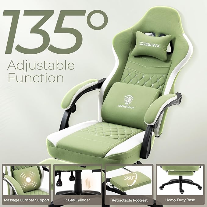 Dowinx Gaming Chair Breathable Fabric Game Chair with Gel Pad, Comfortable Gamer Chair with Pocket Spring Cushion, Ergonomic Computer Chair with Footrest and Storage Bag, Green