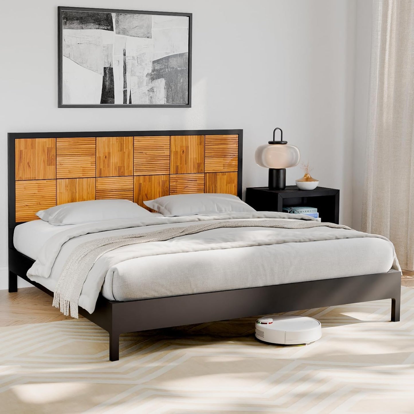 Bme Madia King Size Bed Frame and Headboard, Sophisticated Mid-Century Style with Fluted Pattern, 800lbs Weight Support, Crafted from Durable Acacia Wood Slats, Simple Assembly, Sleek Black Finish