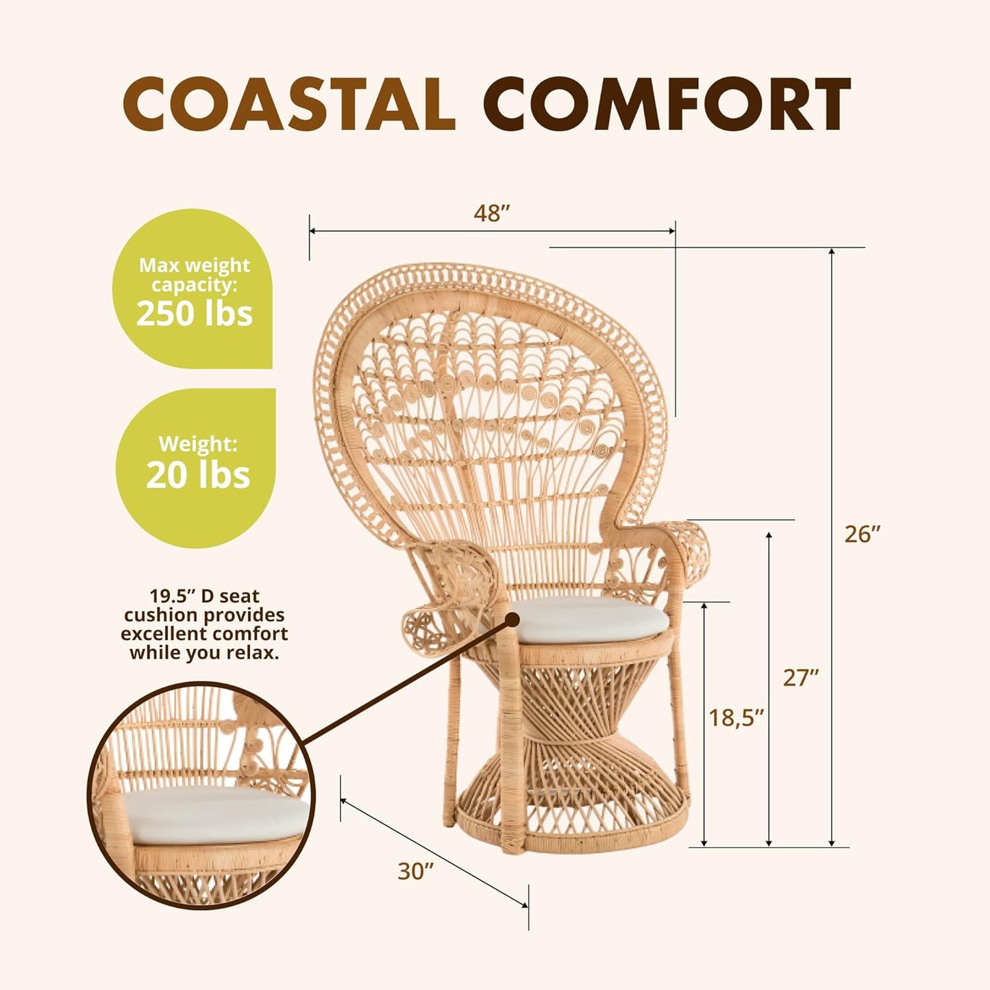 KOUBOO Peacock Grand Peacock Chair, Rattan Chair, Handmade, Accent Chair, Vintage, Retro, Boho, Furniture, Sunroom, Natural