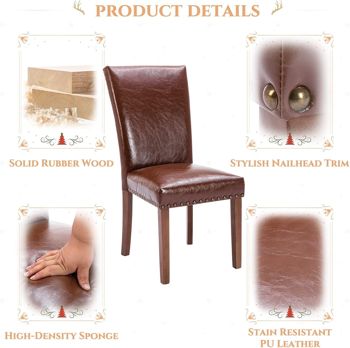 Parsons Dining Chairs Set of 4, Upholstered Nailhead PU Leather Dining Room Kitchen Side Chair with Thick Cushions and Wood Legs, Light Brown