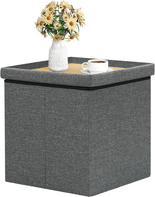 B FSOBEIIALEO Storage Ottoman with Tray, Small Ottomans Cube Folding Coffee Table Foot Stool Footrest Seat, Dark Grey Linen 16"X15.7"x15"