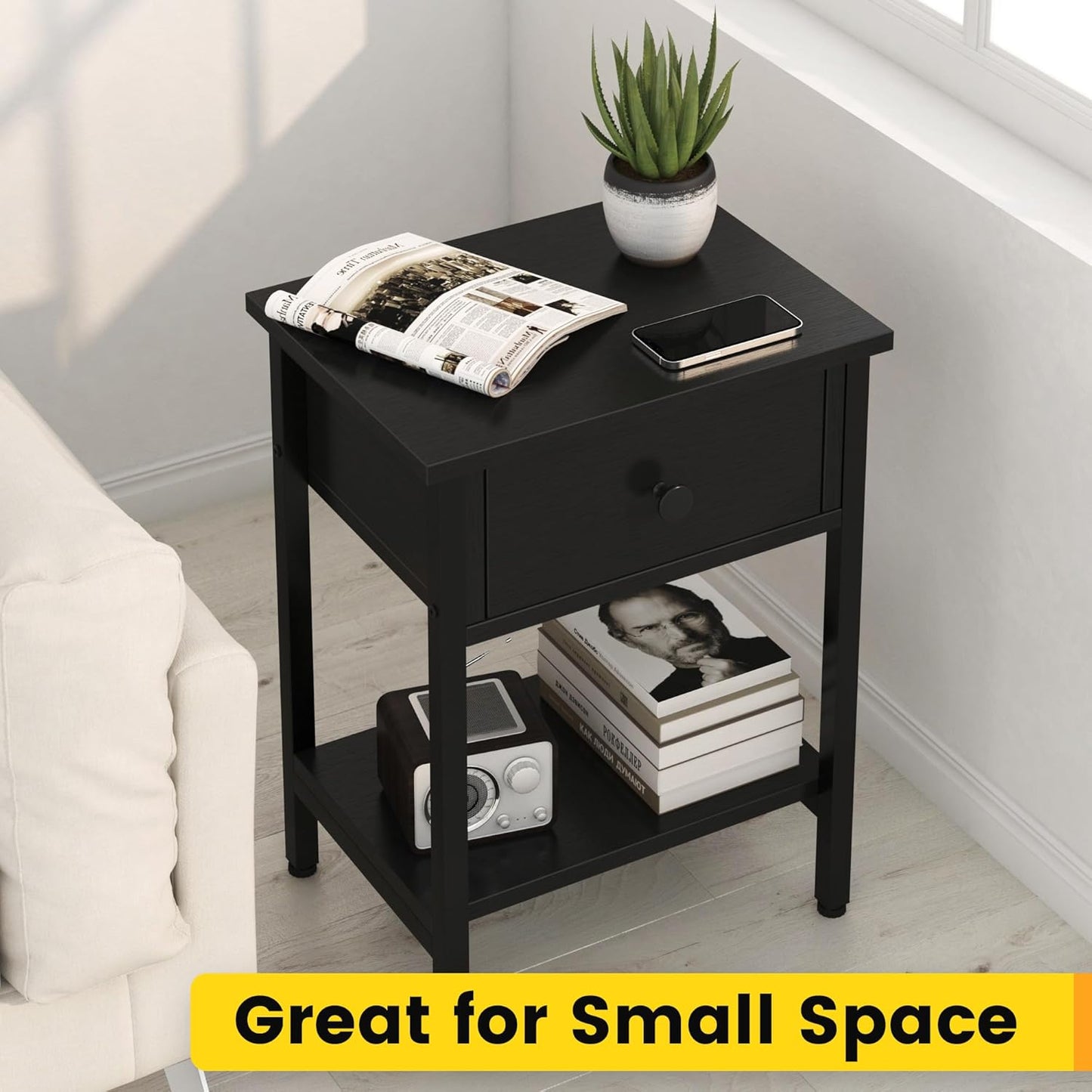 Nightstands Set of 2 with Drawers, Bedside Table Set of 2 with Storage Shelf, Heavy Duty End Side Table for Living Room Bedroom Small Space Sofa Couch, Wood Metal Night Stand, Easy to Assemble, Black
