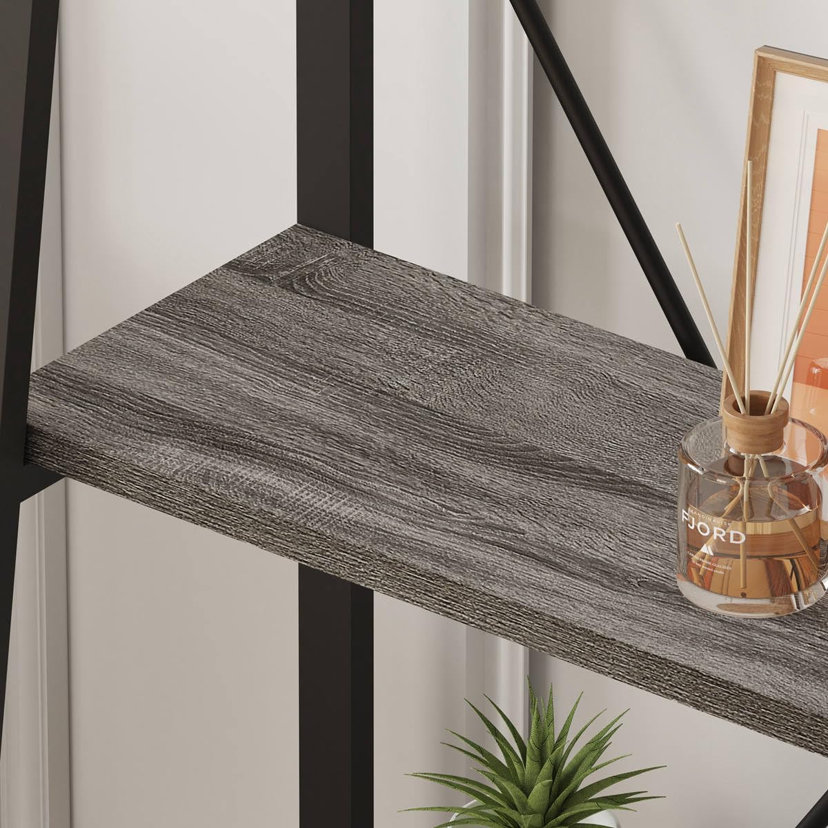 BON AUGURE Ladder Bookshelf, 4 Tier Ladder Shelf Bookcase, Wood Leaning Book Shelves for Living Room, Bedroom, Home Office Shelving Unit (Dark Grey Oak)