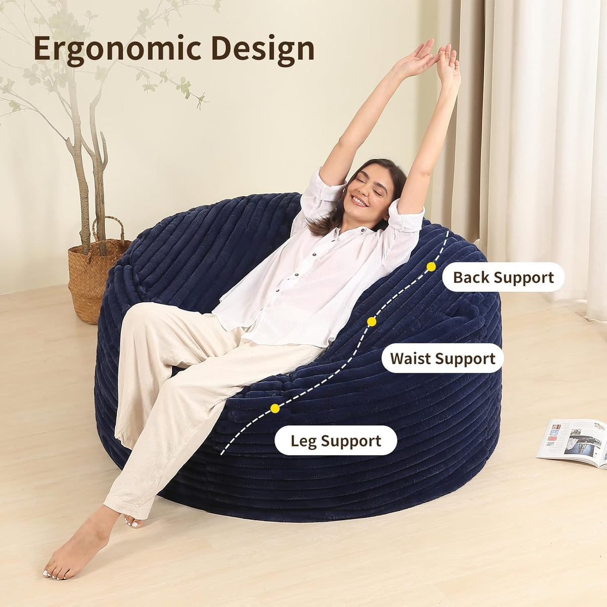 4FT Memory Foam Bean Bag Chair for Adults/Teens, Bean Bag Sofa with Fluffy Removable Cover, for Living Room Bedroom, Blue