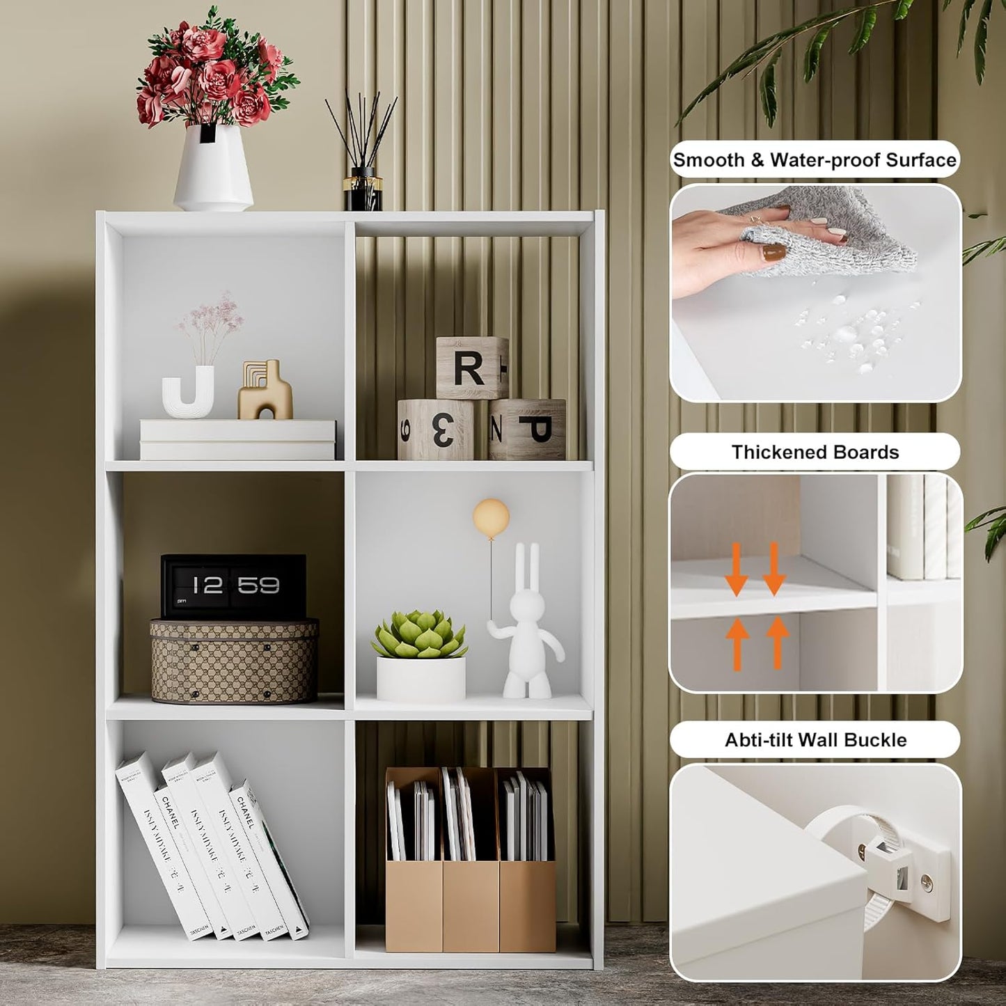 Sweetcrispy 6 Cube Storage Organizer - Open Cube Bookshelf with 3 Removable Back Panels, Display Storage Bookcase for Living Room, Bedroom, Entrance Hall, Home Office，36" L×11.6" W×24" H, White