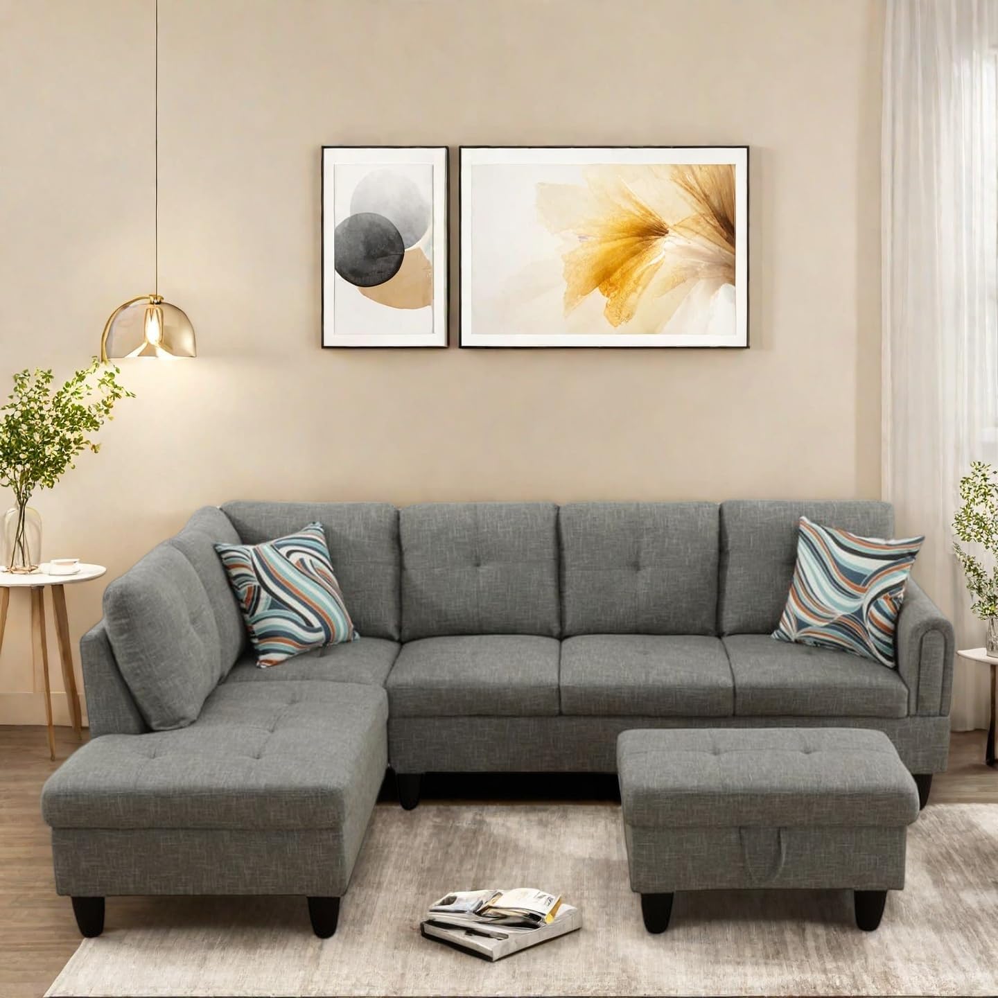 L Shaped Sectional Couches, Lounge Modular Sectional Sofa for Living Room Bedroom Furniture, Comfortable 4 Seat Couch with Ottoman Storage & Chaise, Grey