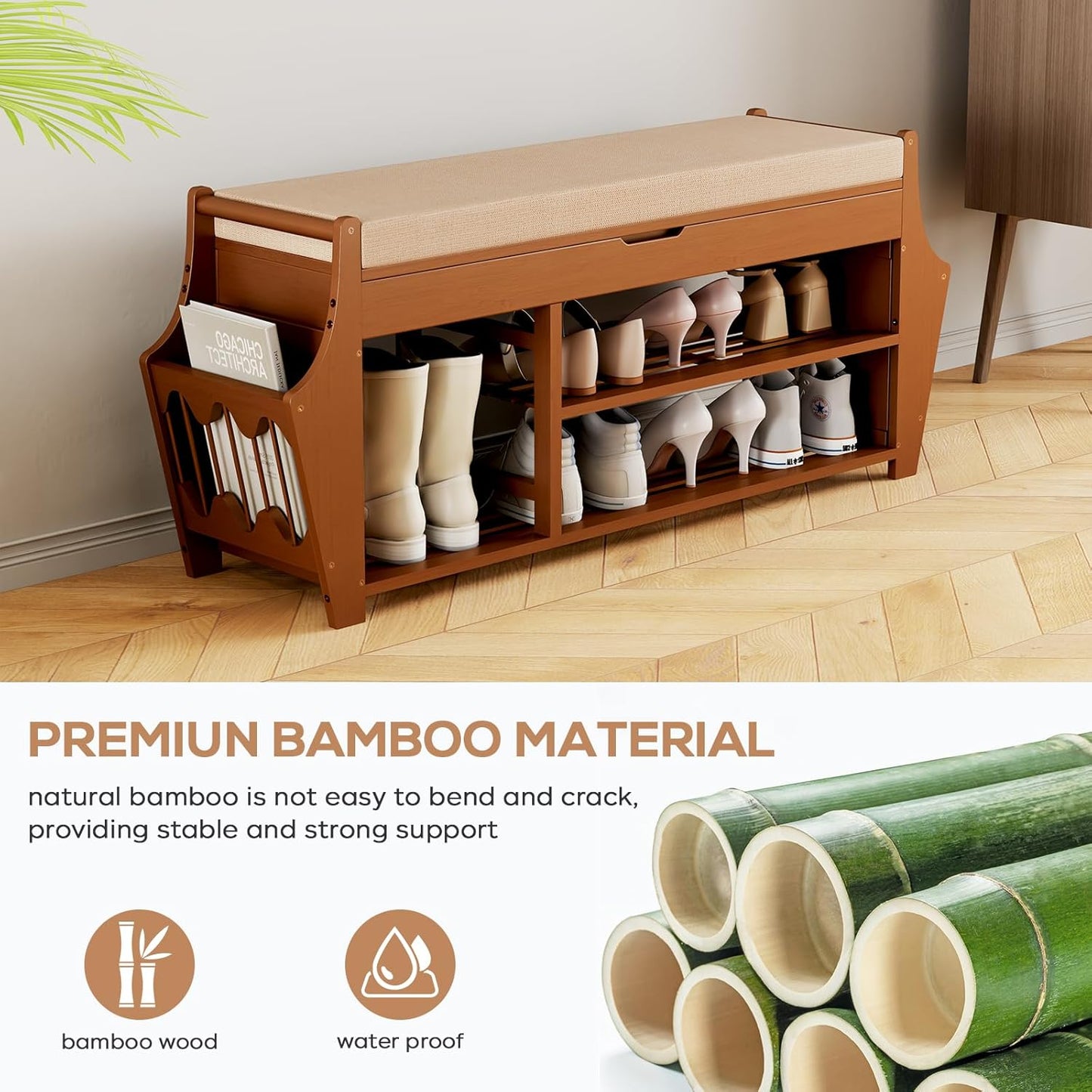39.4in Shoe Bench with 2 Side Holder, 3 Tier Bamboo Entryway Bench with Storage, Shoe Rack Bench Organizer with Cushion for Entryway Hallway Living Room, Holds up to 330lbs