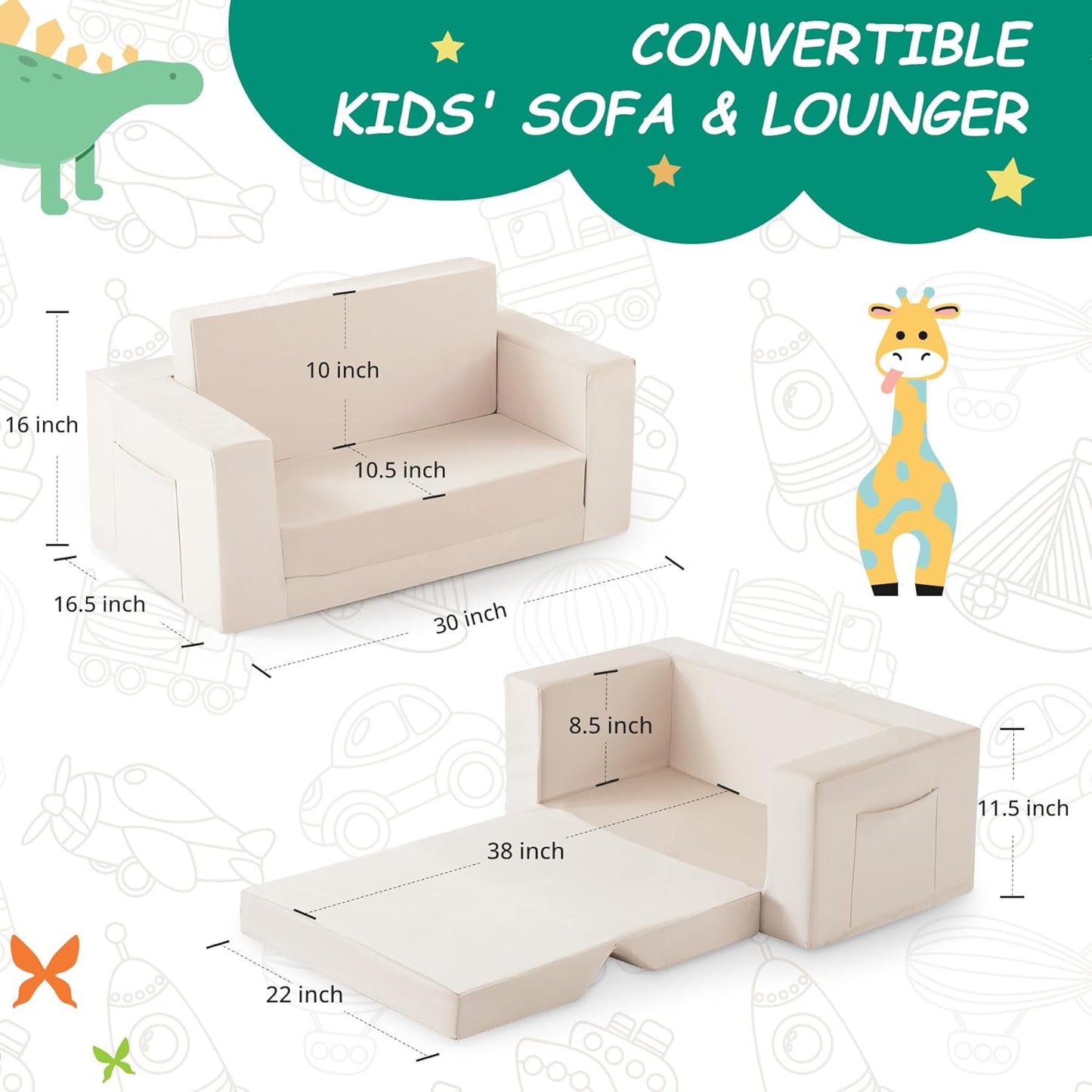 Kids Couch, 2-in-1 Toddler Chair Comfy 1-3 Years, Convertible Kids Chair, Toddler Couch That Fold Out, Kid Lounge Chairs for Boys and Girls, Soft Coral Fleece, Double, Beige