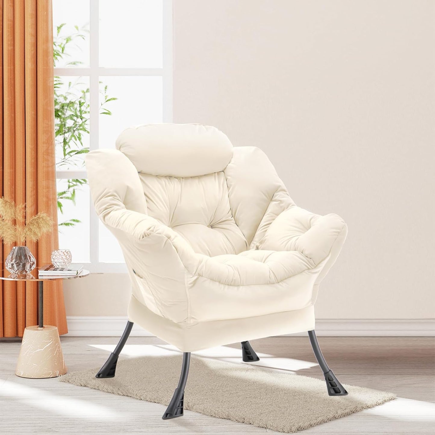 Lazy Chair Thick Padded, Comfy Velvet Accent Lounge Chair with Stable Frame, Leisure Sofa Armchair with Armrests and Side Pocket, Reading Chair for Bedroom, Living Room, Office, Beige