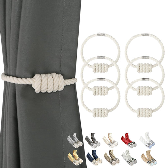 BEL AVENIR Magnetic Cotton Curtain Tiebacks, Decorative Drapery Holdbacks Modern Woven Tie-Backs with Exquisite Knot (Cotton, 6 Pack)
