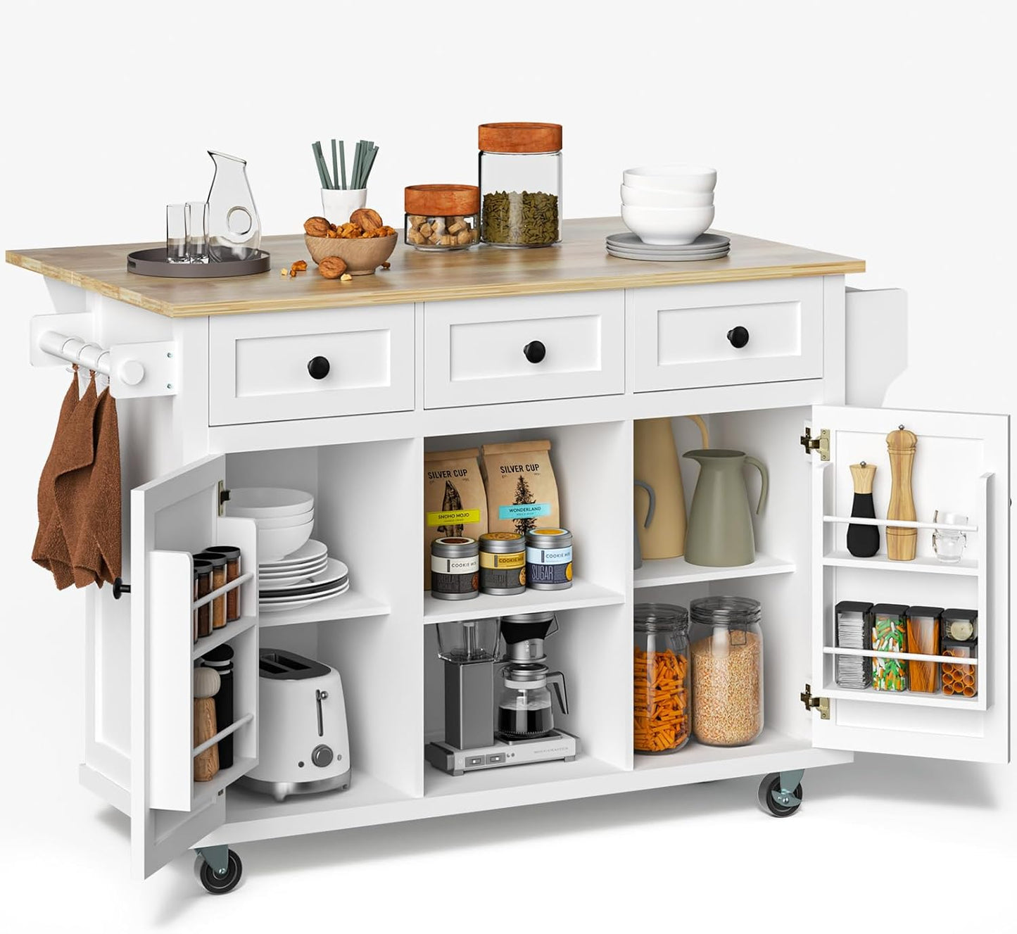 Rovibek Kitchen Island with Drawers 53 in Rolling Island Cart Mobile Solid Wood Portable Islands on Wheels with Storage Cabinet & Drawers, White