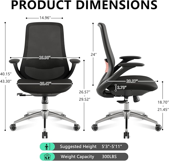 Ergonomic Office Chair, High-Back Mesh Executive Chair with Lumbar Support & 360° Adjustable Arms, Reclining Desk Chair with Tilt Lock for Home Office, Gaming, and Work, 300lb Capacity (Black)