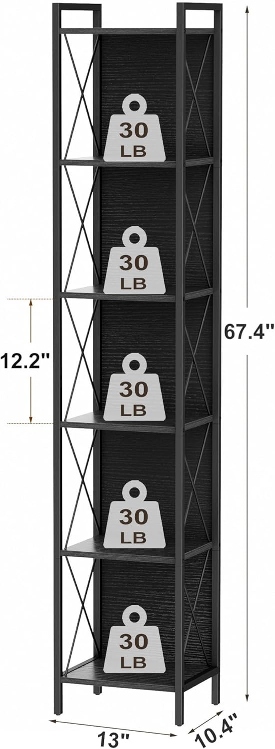 Homhedy 6 Tier Bookshelf Bookcase, Tall Narrow Bookshelf for Small Space, Metal Storage Shelves with Back Panel, for Home Office, Living Room, Kitchen, Bedroom, Industrial Style, Black