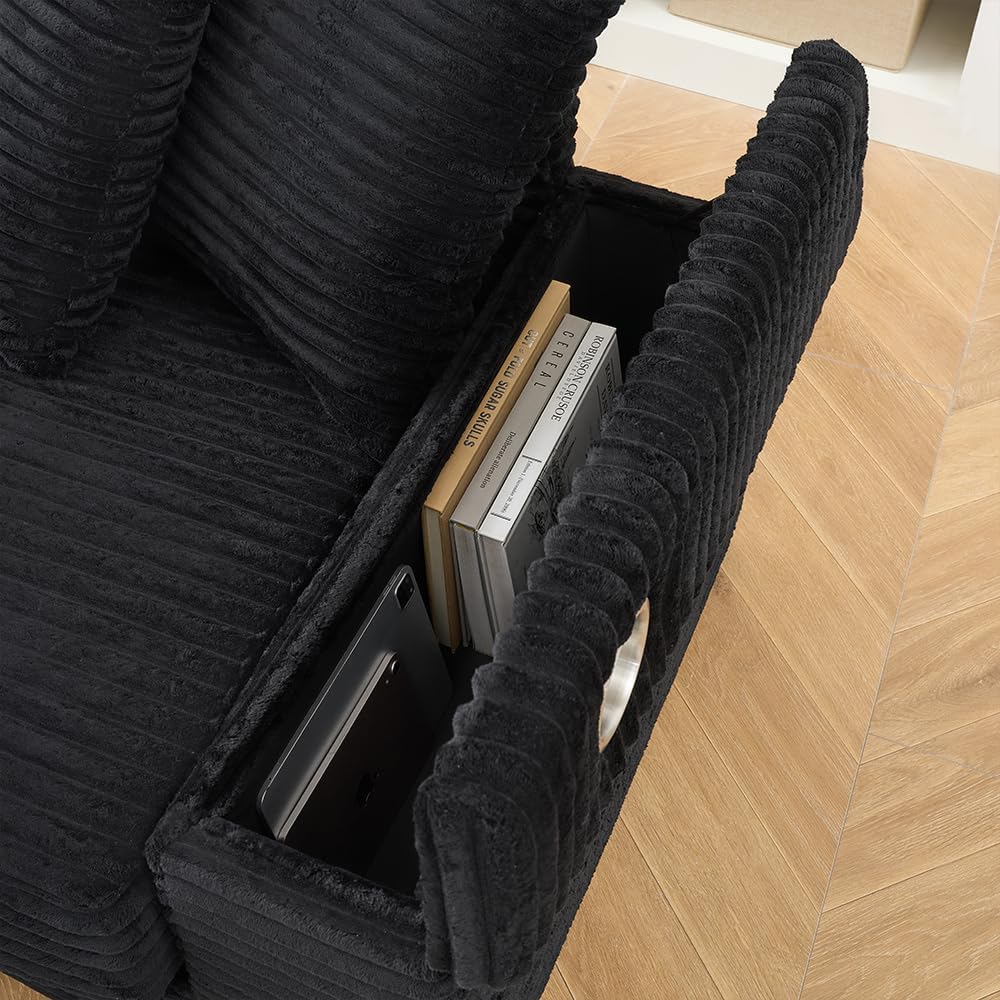 KEIKI 114" Corduroy Sofa with Cup Holders & Storage, L Shaped Sleeper Cloud Couch Set w/Reversible Chaise Lounge, Living Room Oversized Upholstered SofaBed for Apartment, Easy Assembly, Black