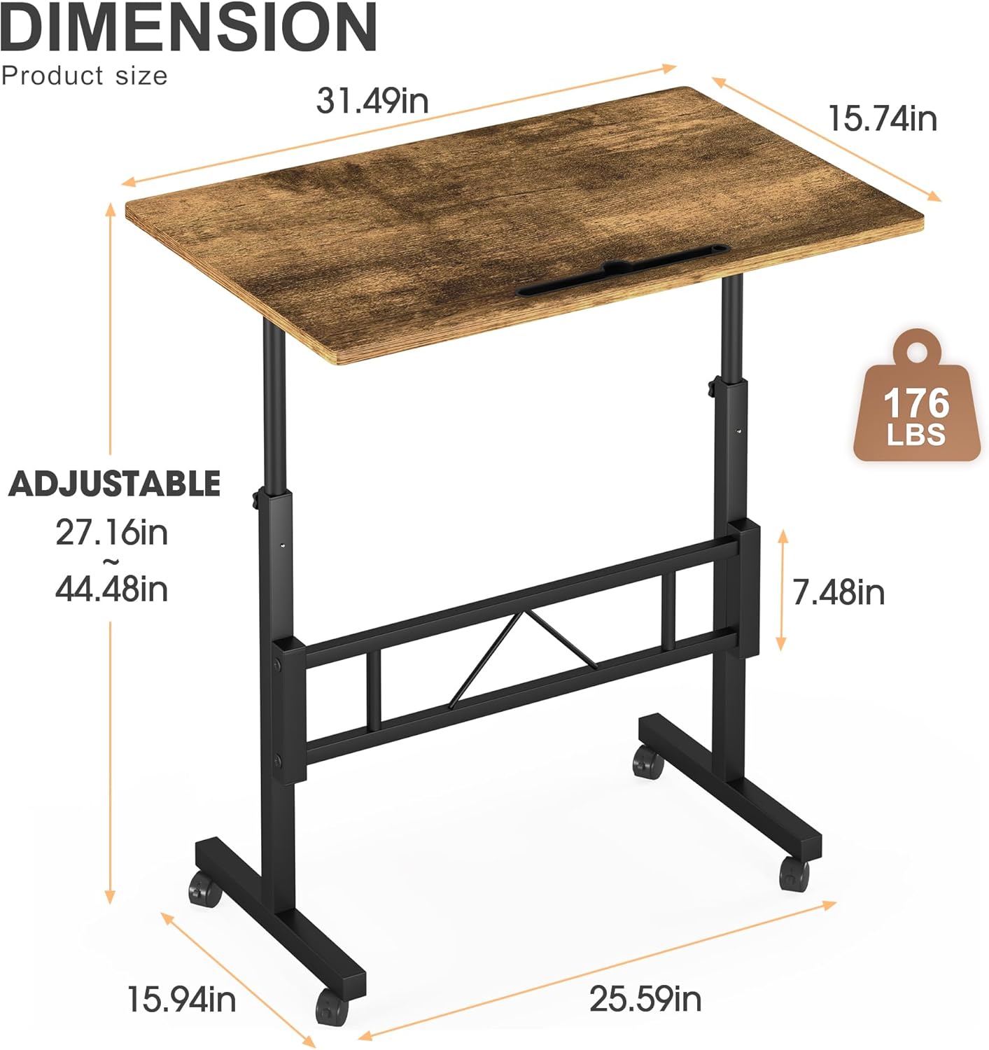 Klvied Small Standing Desk Adjustable Height, Mobile Table with Wheels, Portable Laptop Table, Standing Computer Desk for Walking Pad (Brown)