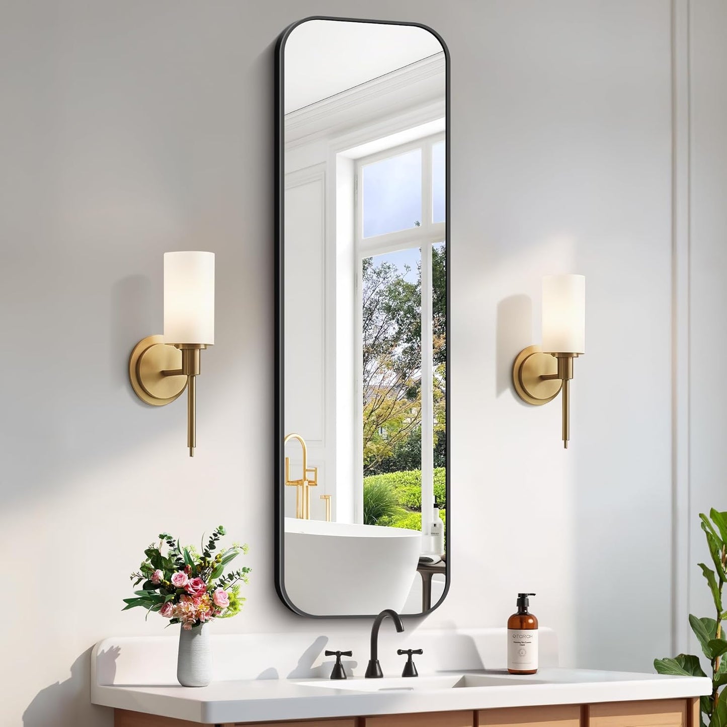 FORBATH Bathroom Mirror 55" x 16", Rectangle Black Bathroom Mirror with Black Aluminum Frame Rounded Corner, Wall Mounted Mirror for Bedroom Entryway Living Room