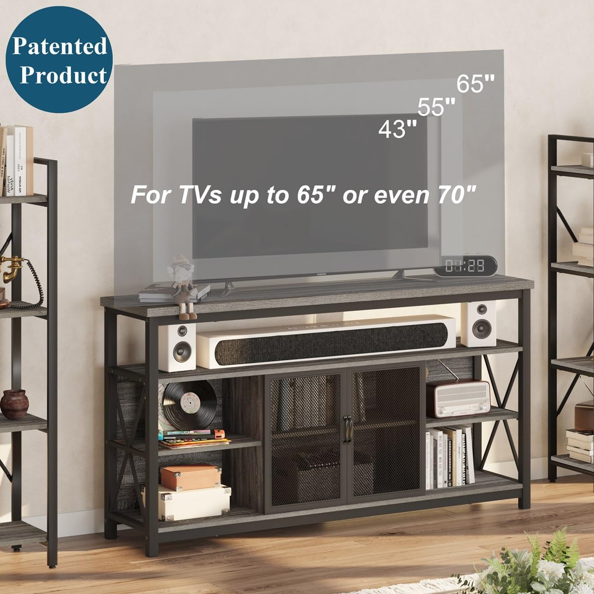 BON AUGURE Tall TV Stand for TVs up to 65 Inch, Industrial Entertainment Center with Storage Cabinet, Rustic Wood Media Console Table for Living Room and Bedroom (32 Inch High, Grey Oak)